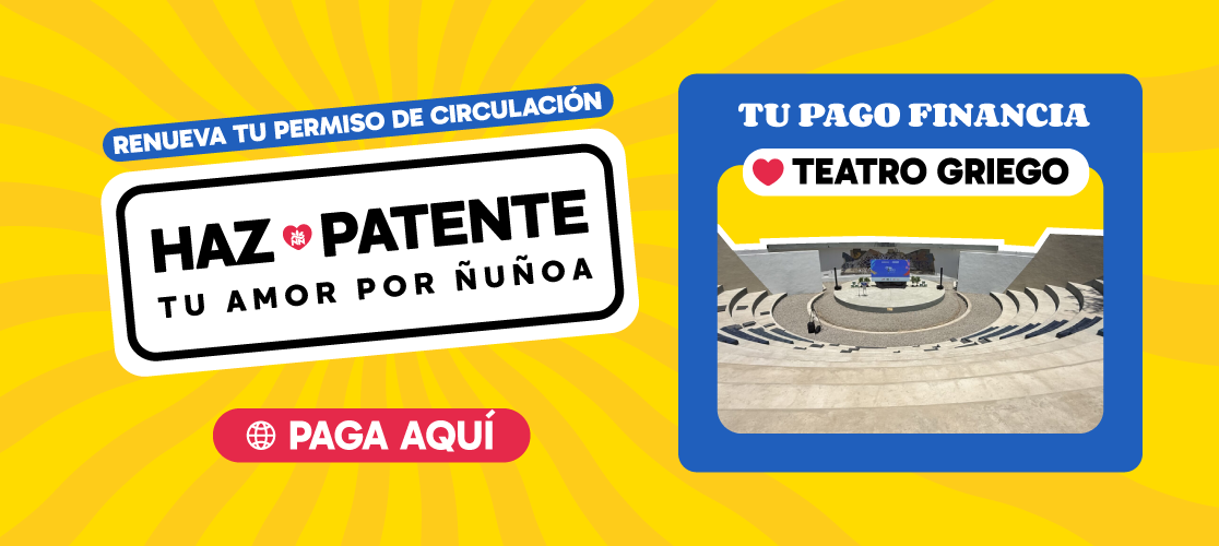 Imagen del logo "HAZ PATENTE TU AMOR POR ÑUÑOA", con una imagen del Anfiteatro Griego del Parque Juan XXIII. Campaña de Permiso de Circulación 2026.