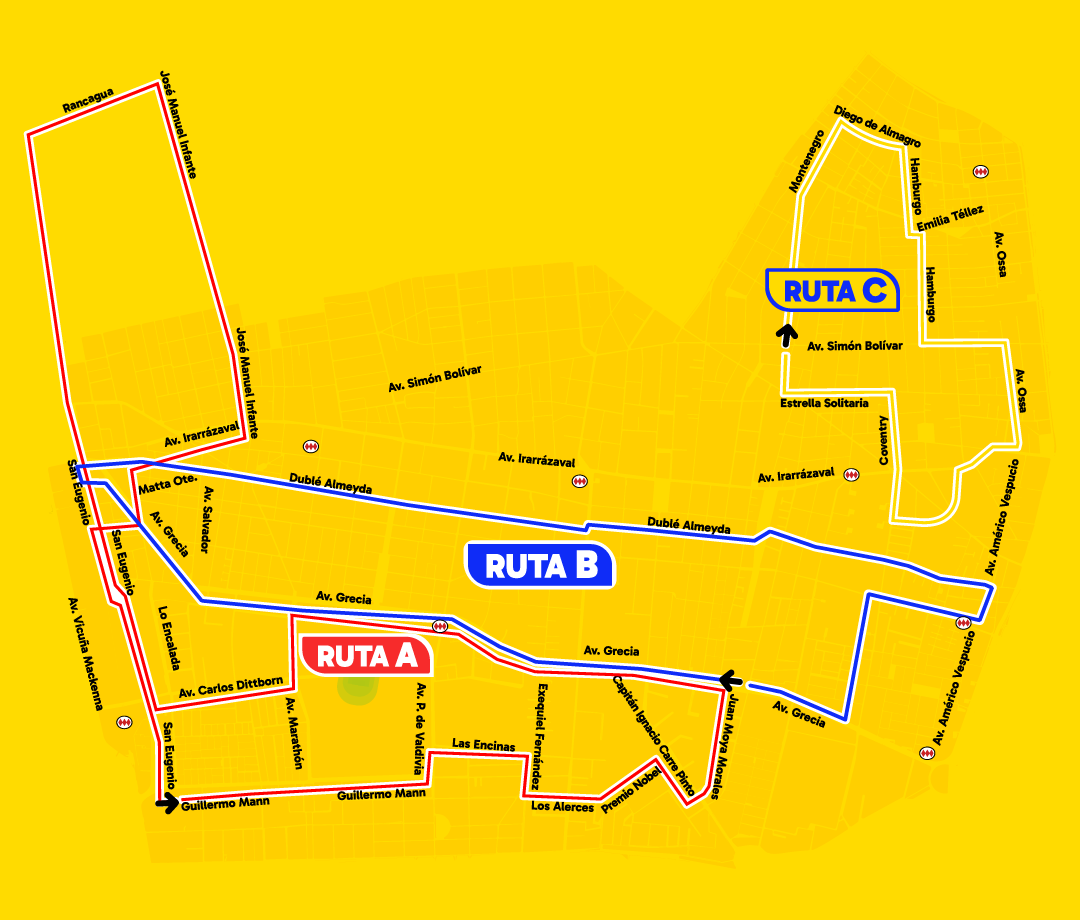 Ruta de Buses Eléctricos de Ñuñoa con los tres mapas: Ruta A, Ruta B, Ruta C, sobre el mapa de Ñuñoa. 
